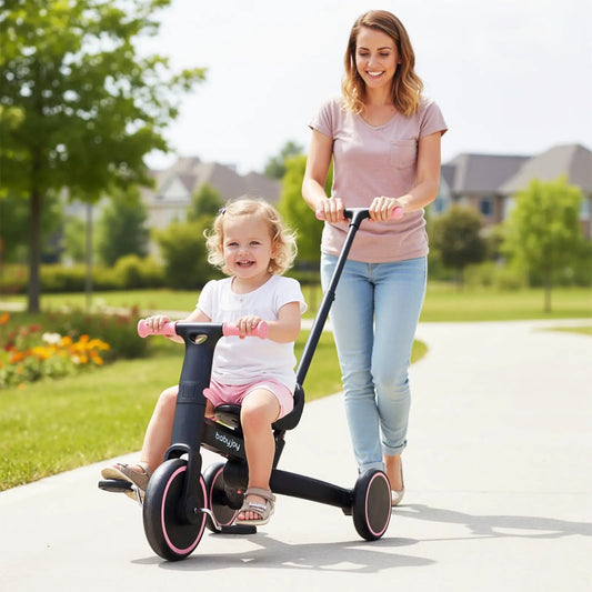 4-in-1 Foldable Toddler Tricycle with Push Handle, black frame with pink accents on Tampa Home & Garden Store