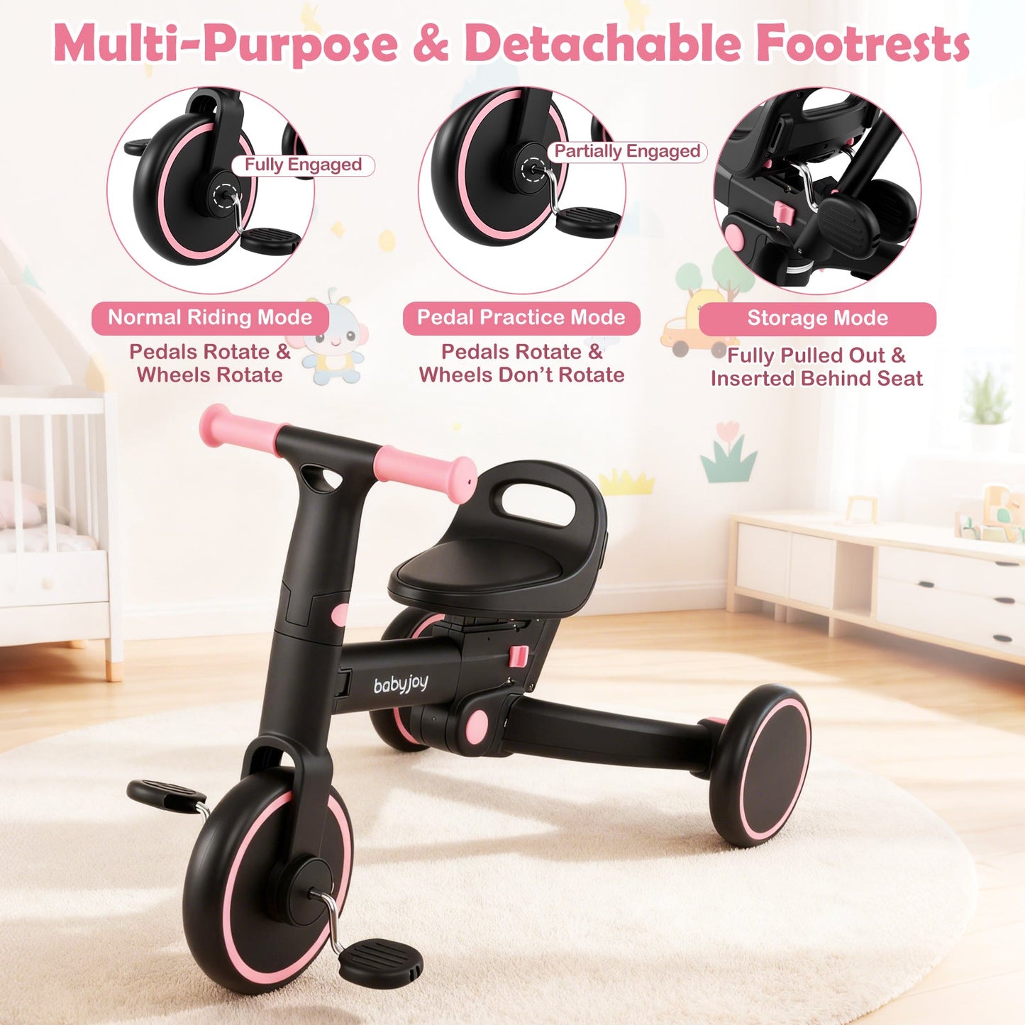 4-in-1 foldable toddler tricycle with push handle, pink accents, babyjoy on Tampa Home & Garden Store