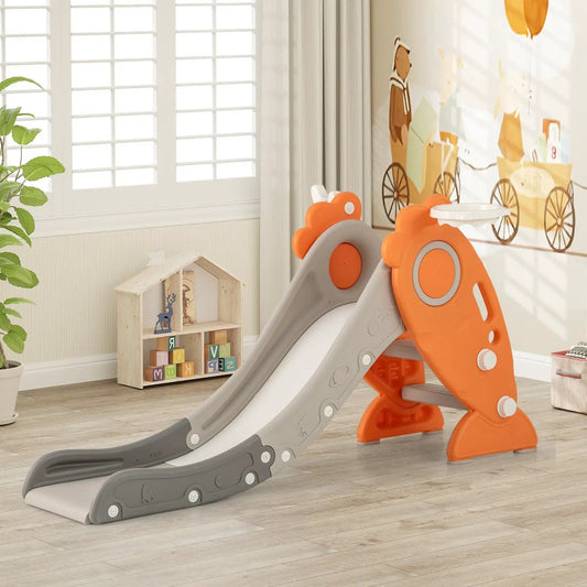 4 in 1 Indoor Slide for Kids Age 3+ Years with Basketball Hoop and Rings-Orange - Tampa Home & Garden Store