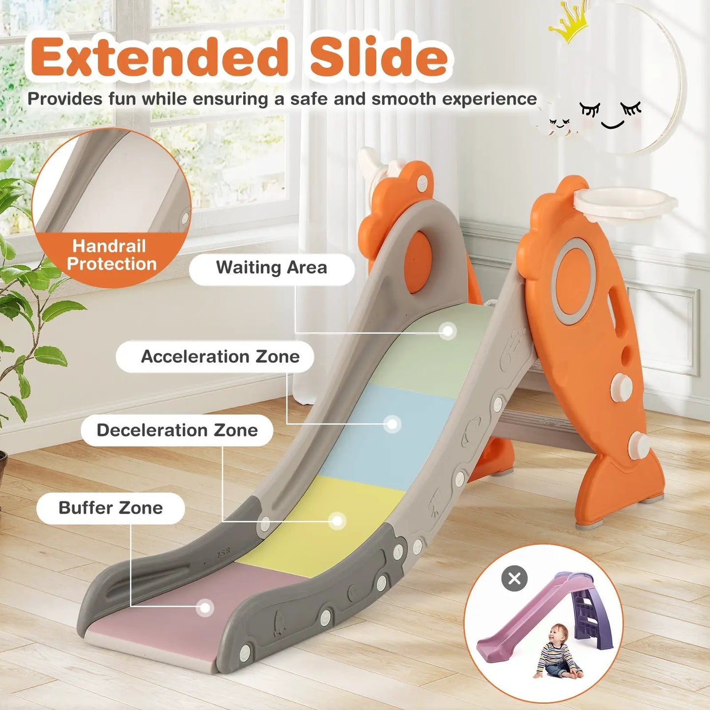 4 in 1 Indoor Slide for Kids Age 3+ Years with Basketball Hoop and Rings-Orange - Tampa Home & Garden Store