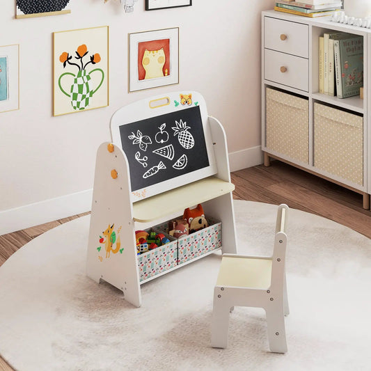 Kids 4-in-1 Table and Chair Easel Natural with chalkboard panel and fabric bin storage on Tampa Home & Garden Store