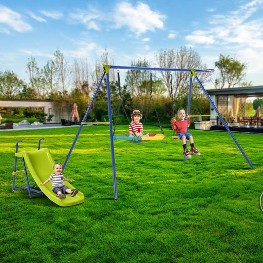 4-in-1 Heavy-Duty Metal Playset with slide and hoop, blue frame, lime-green connectors, two swings on Tampa Home & Garden Store