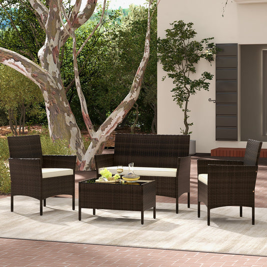 4 Piece Patio Rattan Conversation Set with Cozy Seat Cushions-Beige - Tampa Home & Garden Store