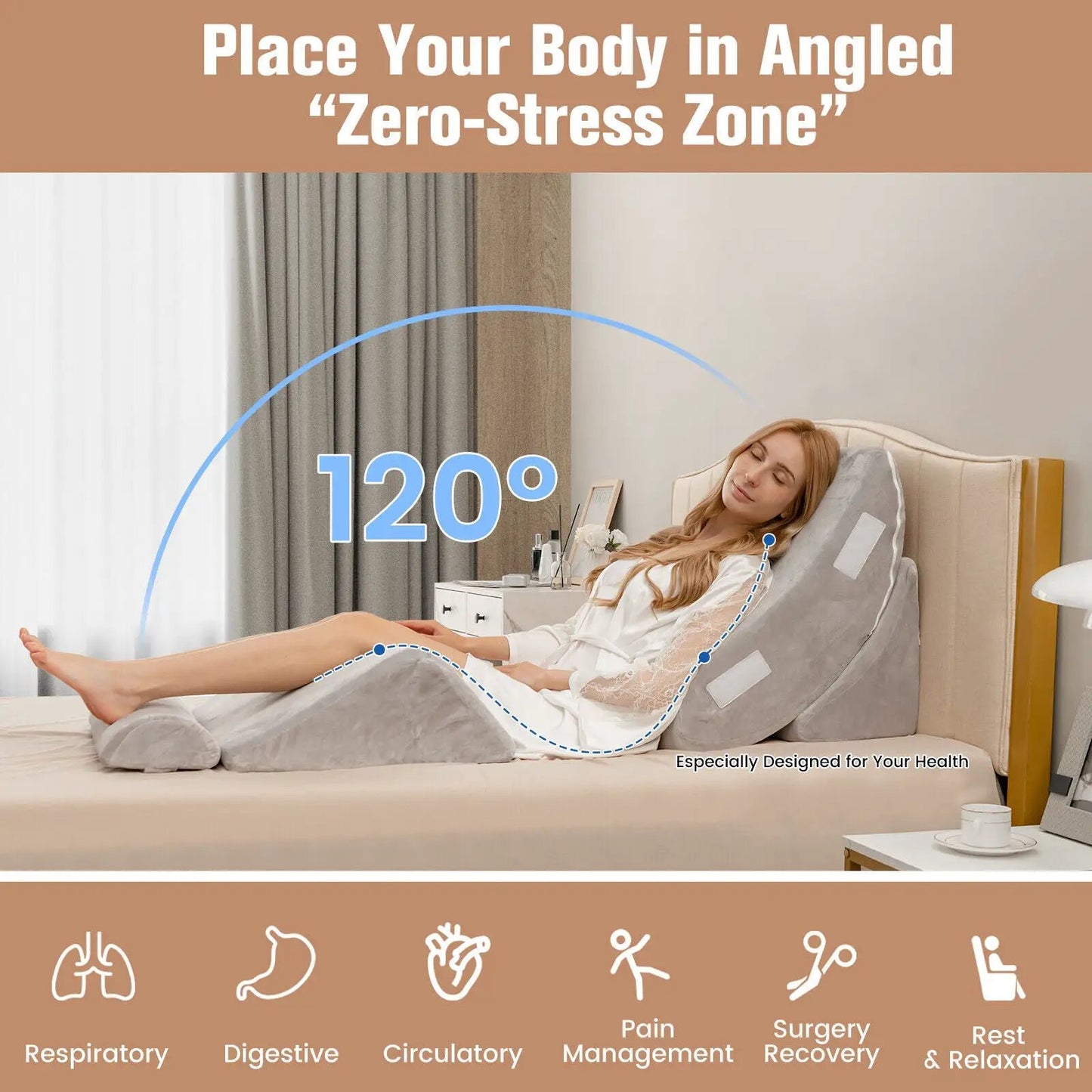 Wedge Pillow Set for Back and Neck Pain Relief gray 4-piece wedges with 120° support on bed on Tampa Home & Garden Store