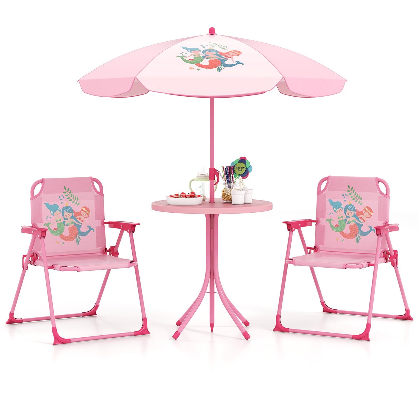 4 Pieces Kids Picnic Set with 2 Folding Chairs and Height Adjustable Umbrella