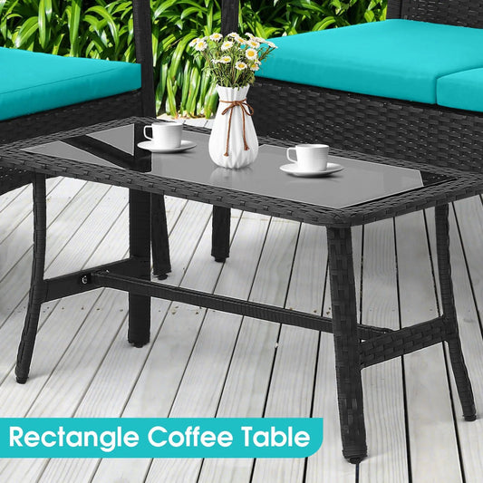 4 Pieces Rattan Conversation Set with Tempered Glass Coffee Table-Turquoise - Tampa Home & Garden Store