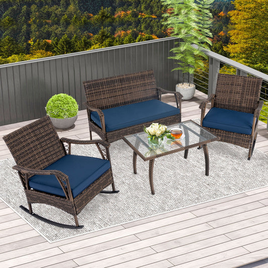 4 Pieces Wicker Rocking Set with Bungee Rope Seat for Porch Yard-Navy - Tampa Home & Garden Store