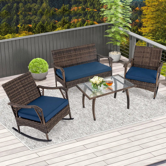 4 Pieces Wicker Rocking Set with Bungee Rope Seat for Porch Yard-Navy - Tampa Home & Garden Store