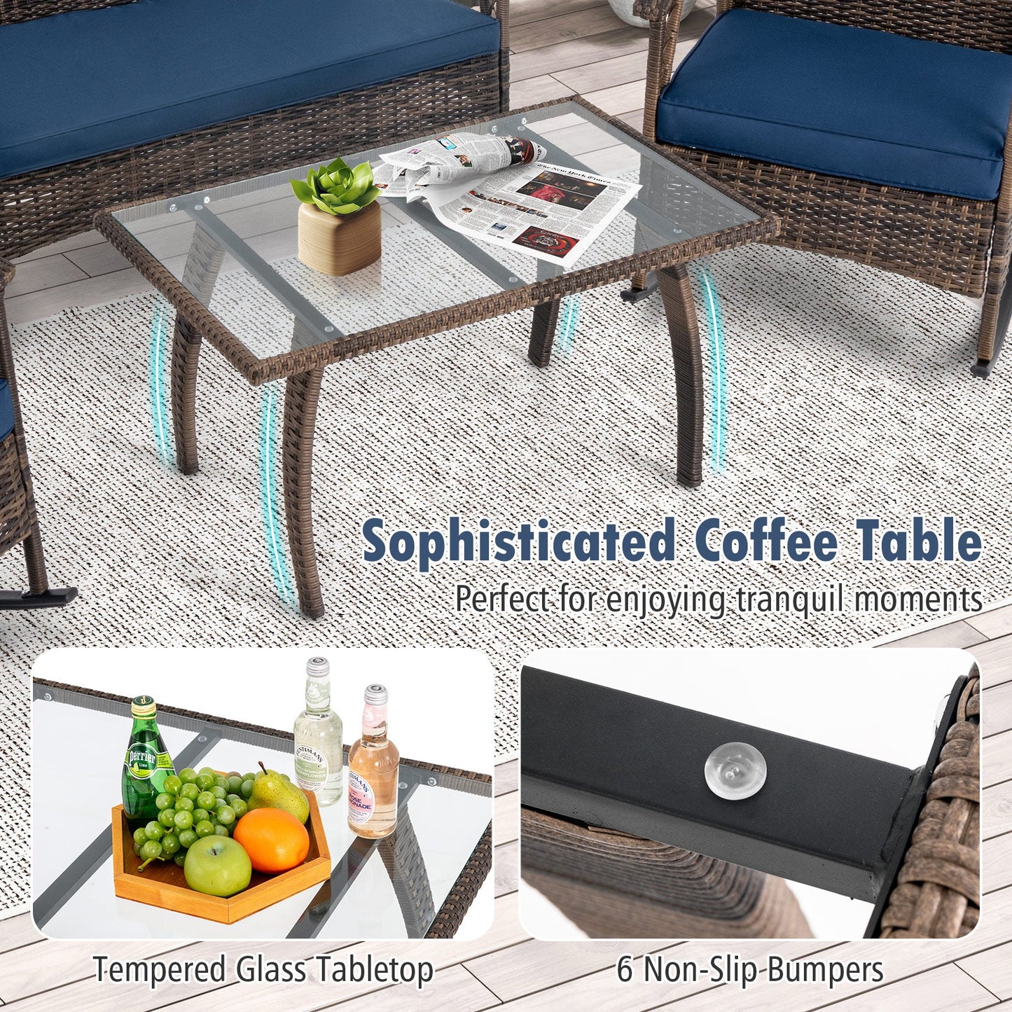 4-Piece Wicker Rocking Set with Navy Cushions and Glass-Top Coffee Table outdoor furniture on Tampa Home & Garden Store