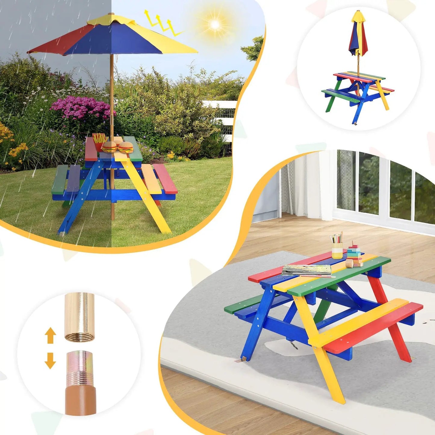 DirectDeals 4-seat kids picnic table with rainbow-colored planks and umbrella on Tampa Home & Garden Store