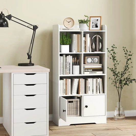 4 Tier Bookshelf with Cubes Display and Doors, white finish with books, plant, clock on Tampa Home & Garden Store