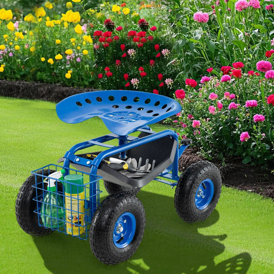 4-Wheel Rolling Garden Cart Work Seat blue with front basket and rugged wheels DirectDeals on Tampa Home & Garden Store