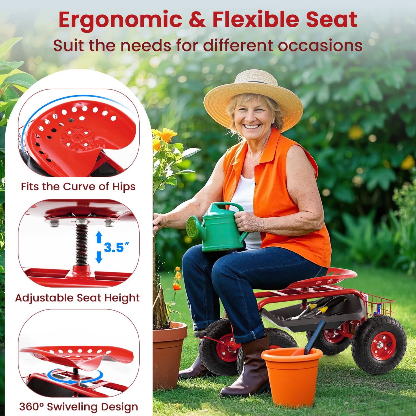 Asiento de trabajo tipo carrito de jardín rodante de 4 ruedas - Rojo