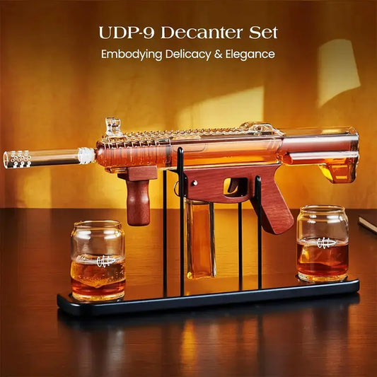M16 machine gun whiskey decanter set by The Whiskey Ball amber glass gun and two glasses on Tampa Home & Garden Store