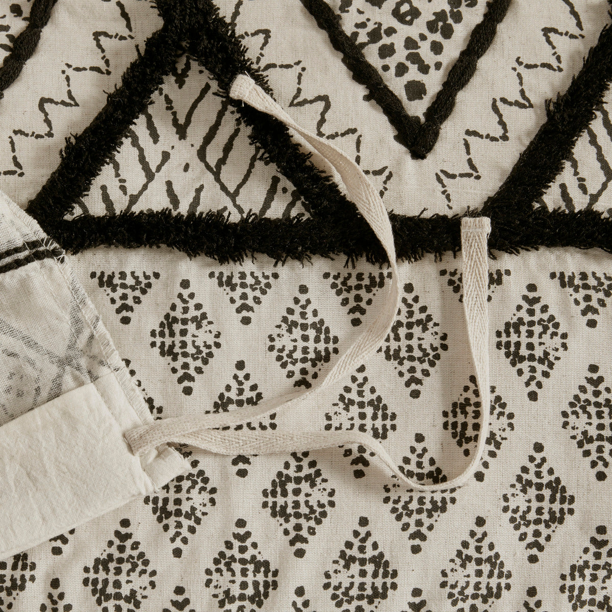 Full/Queen flax/cotton blended duvet cover set with black boho print and ties on cream on Tampa Home & Garden Store