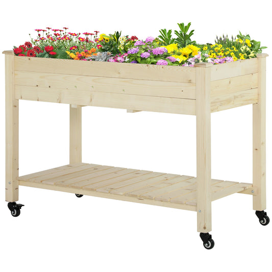 Outsunny raised garden bed planter in natural wood with lockable wheels, 47x22x33, shelf on Tampa Home & Garden Store