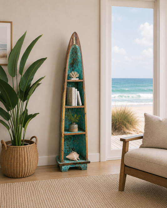 Authentic Reclaimed Boat Wood Canoe Shelf Bali teal interior wall shelf on Tampa Home & Garden Store