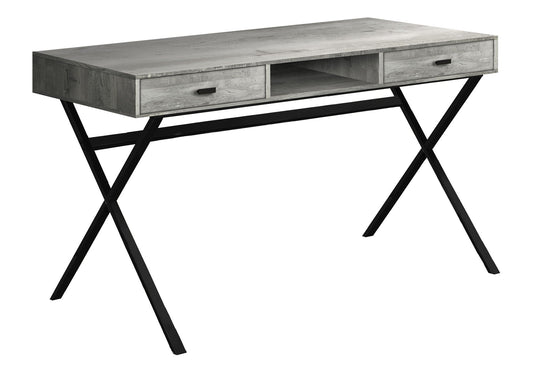Writing desk gray wood finish with two drawers and open center shelf, black metal X legs on Tampa Home & Garden Store