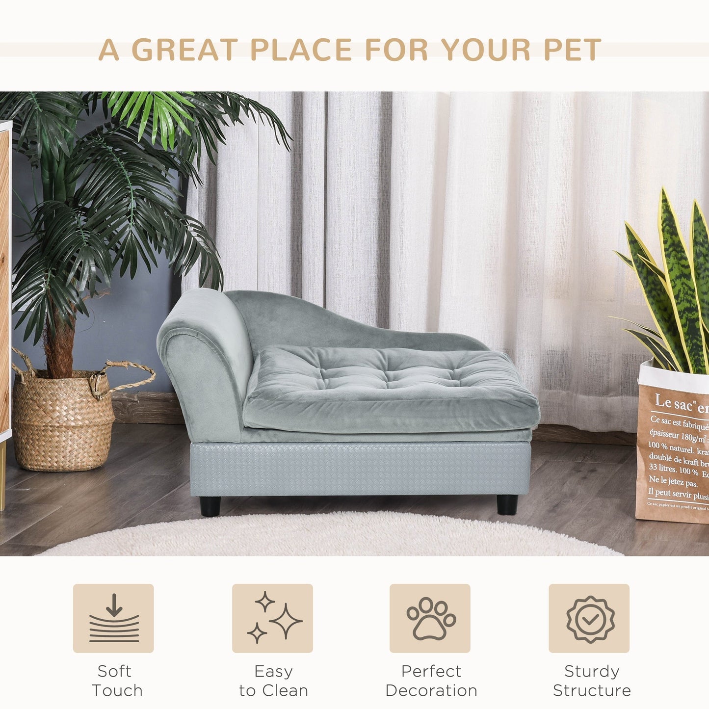 PawHut luxury dog bed for small dogs with hidden storage in soft blue-gray upholstery on Tampa Home & Garden Store
