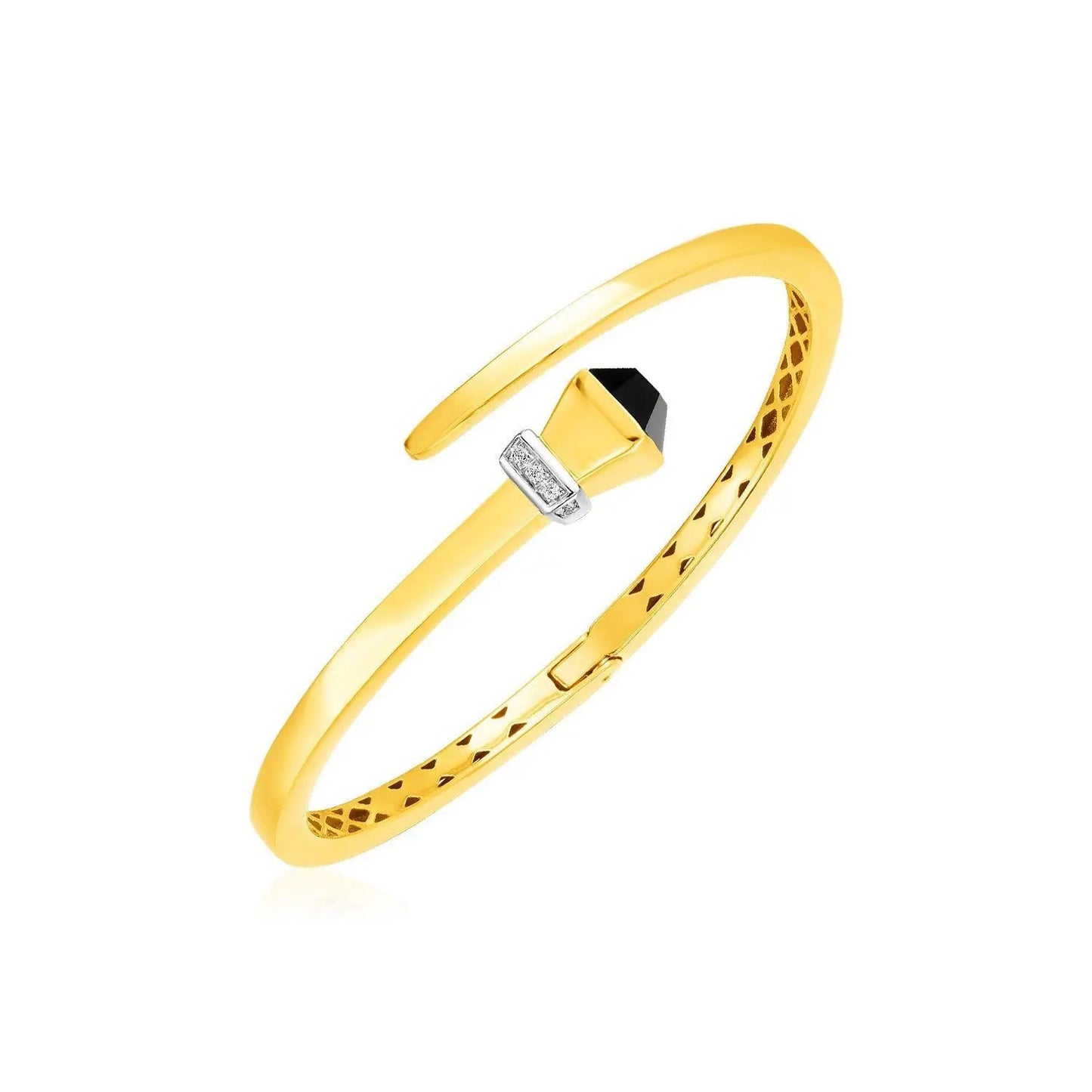 Bracelet: 14k yellow gold hinged bangle with black onyx end cap and diamond accent bar on Tampa Home & Garden Store