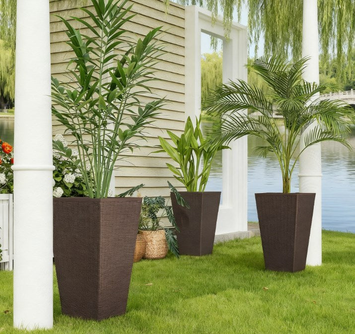 Outdoor flower pots, set of 3 tall brown wicker planters with drainage holes on Tampa Home & Garden Store
