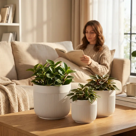 Stoneware planter set, Florinia 3-piece with vertical lines; three pots with greenery on a table on Tampa Home & Garden Store