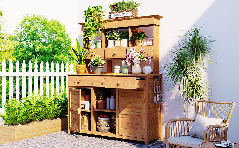TOPMAX 65.7'' Tall Garden Potting Bench with Hutch, natural wood finish, ample storage on Tampa Home & Garden Store