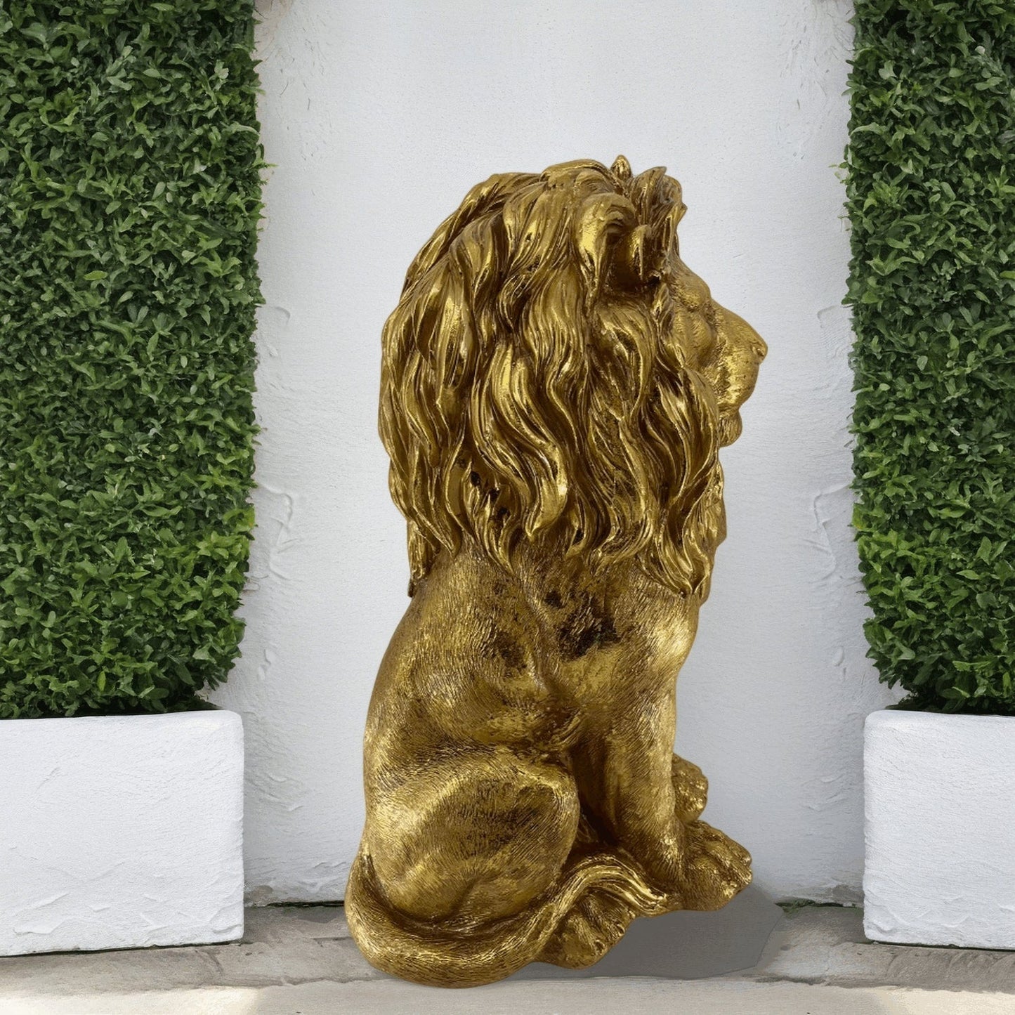 24-inch lion statue resin outdoor guardian sculpture gold finish HouseOfZazla garden sculptures on Tampa Home & Garden Store