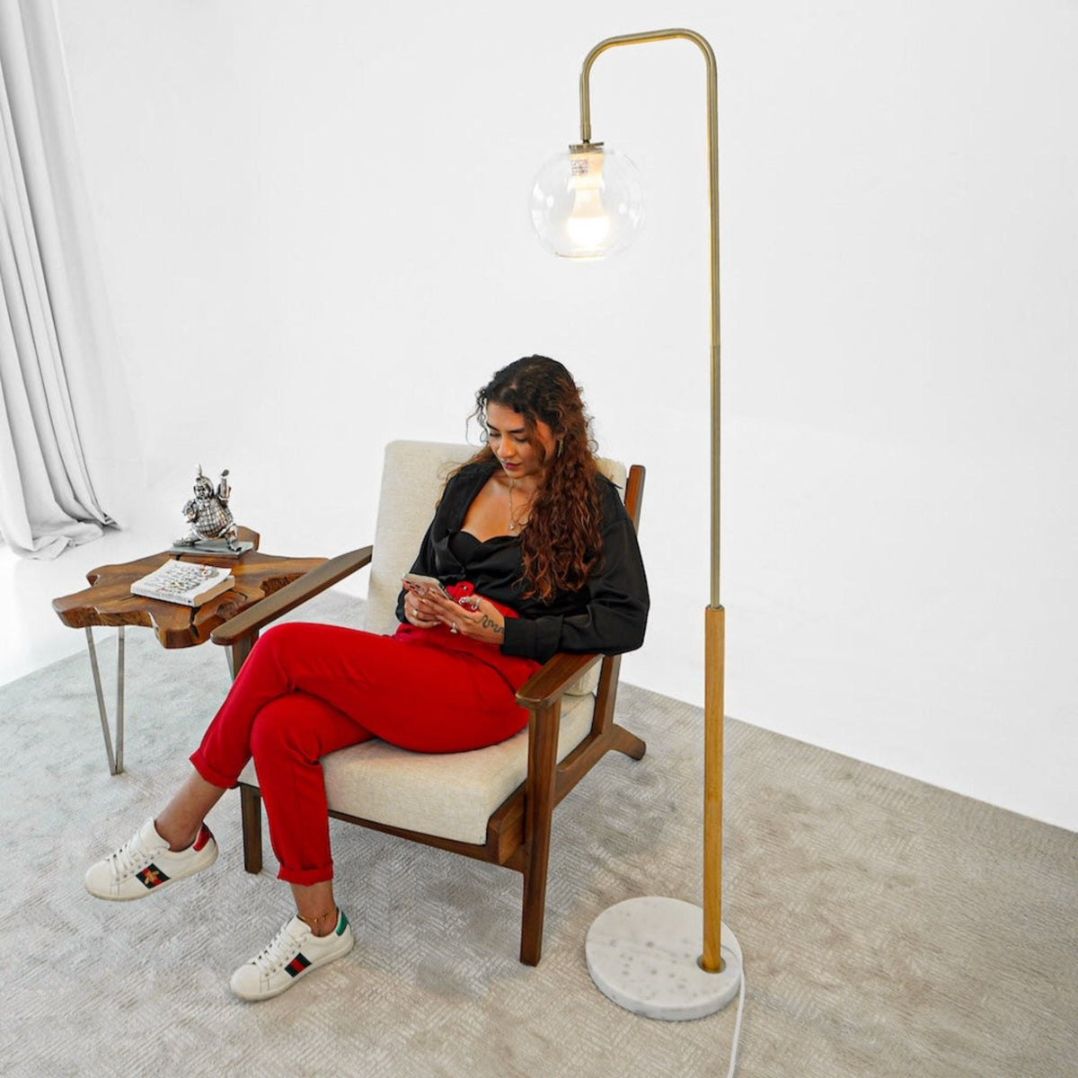Tall Corner Floor Lamp White with brass arc and clear glass globe by HouseOfZazla on Tampa Home & Garden Store