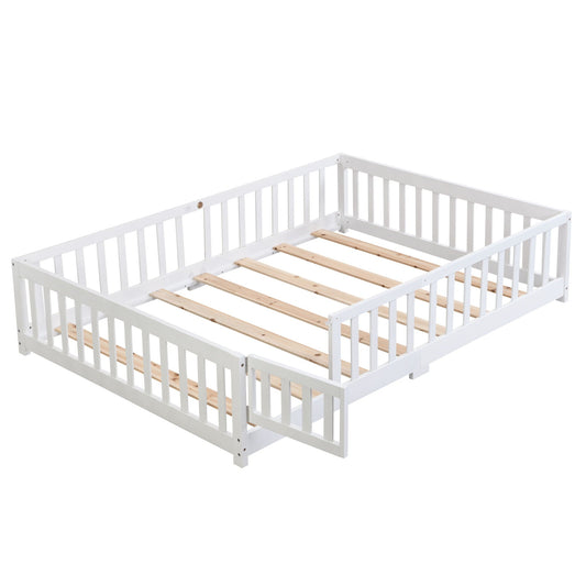 Solid white wood floor bed for children with side rails; HouseOfZazla platform bed on Tampa Home & Garden Store