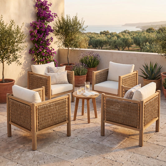 Set of 4 acacia wood patio chairs by HouseOfZazla with woven backs and white cushions on Tampa Home & Garden Store