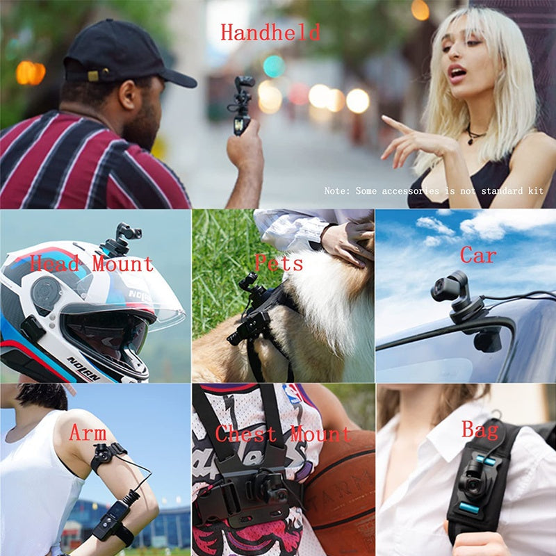 Pocket2S gimbal for vlogs with magnetic suction; collage shows head, chest, arm mounts on Tampa Home & Garden Store