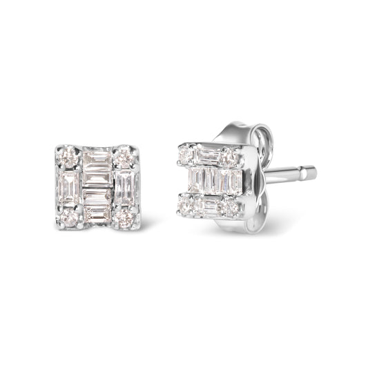 Pair of 10K white gold diamond mosaic square stud earrings with round and baguette diamonds on Tampa Home & Garden Store