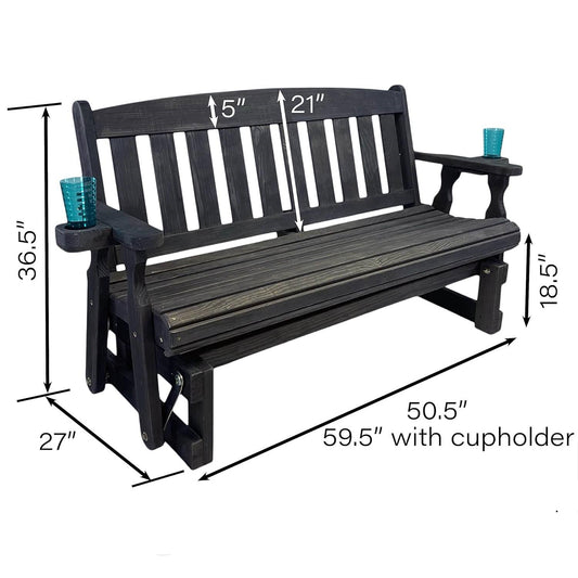 4ft Heavy Duty Black Wooden Porch Glider Bench with Cupholders - Made in USA - Tampa Home & Garden Store