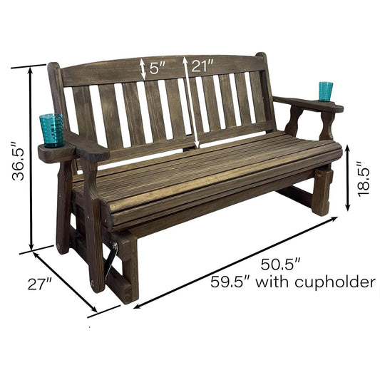 4ft Heavy Duty Porch Glider Bench with Cupholders in Dark Walnut - Made in USA - Tampa Home & Garden Store