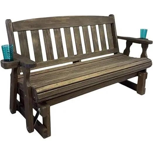 4ft heavy-duty wooden porch glider bench with cupholders, dark walnut finish on Tampa Home & Garden Store