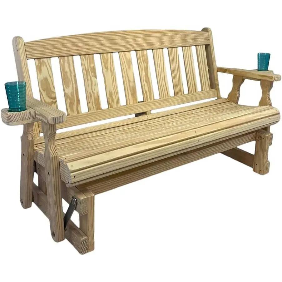 4ft heavy duty unfinished wood porch glider bench with cupholders for outdoor use on Tampa Home & Garden Store
