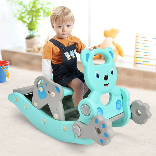 4-in-1 Toddler Slide and Rocking Horse Playset turquoise bear ride-on toy on Tampa Home & Garden Store