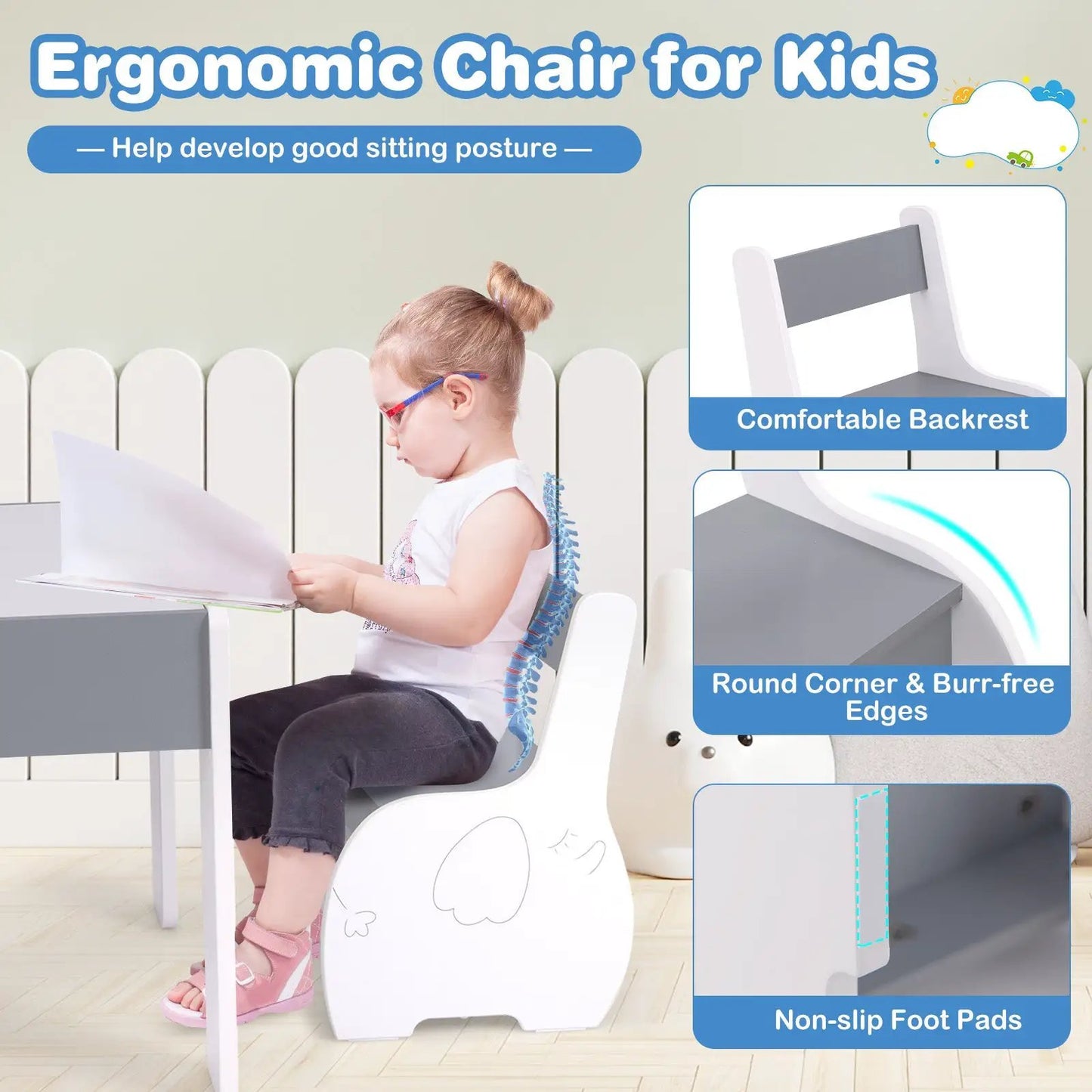 Wooden 4-in-1 Table and Chairs with Blackboard, white/gray finish on Tampa Home & Garden Store