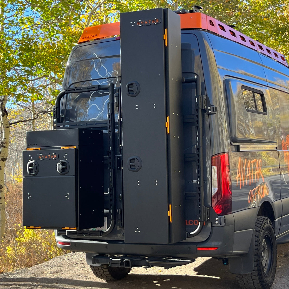 Avatar Ski 4 Storage Box set of 3; black powder-coated steel with orange latches on roof rack on Tampa Home & Garden Store