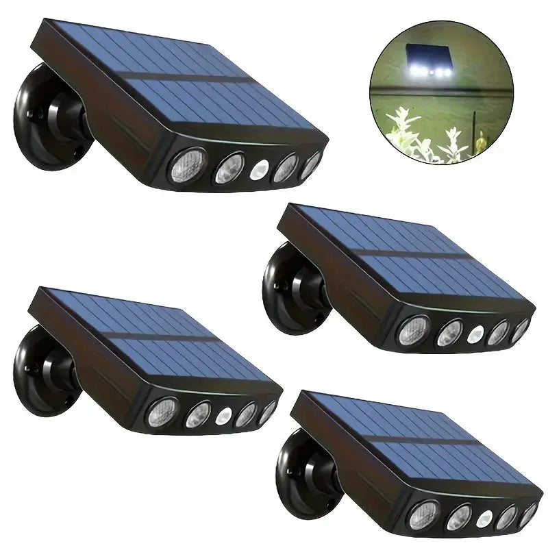 4-pack Moktan Sabai outdoor solar wall lights with motion sensor, black housing, blue panels on Tampa Home & Garden Store