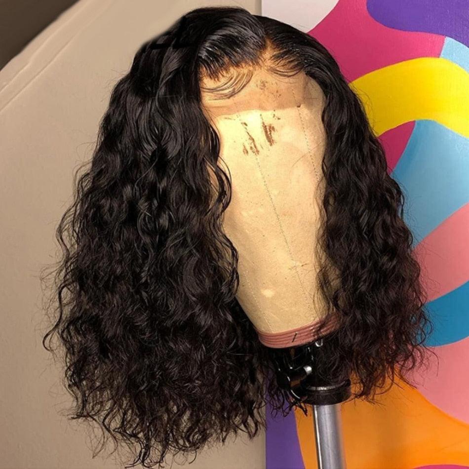 Stevvex 4x4 Water Wave Short Bob Wig, black, 8β12in length with pre-plucked baby hairs on Tampa Home & Garden Store
