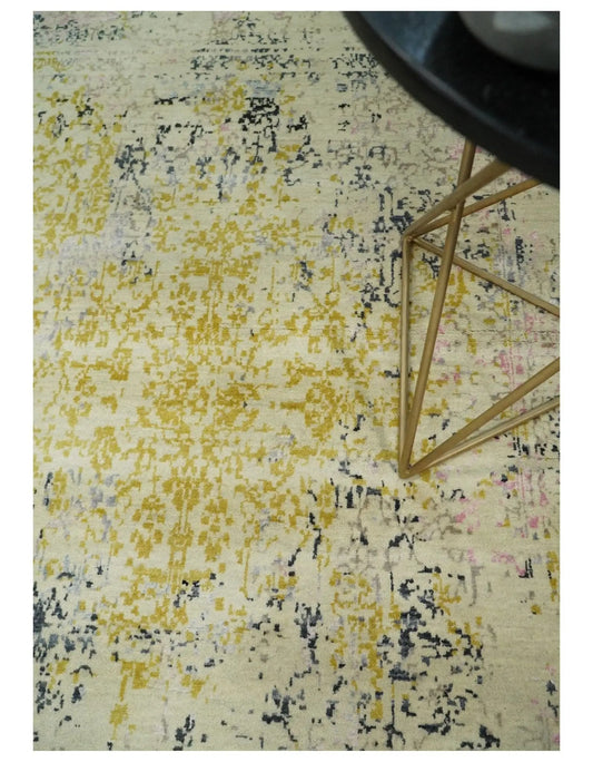 4x6 hand-knotted wool-silk area rug in gold gray ivory with abstract pattern by The Rug Decor on Tampa Home & Garden Store