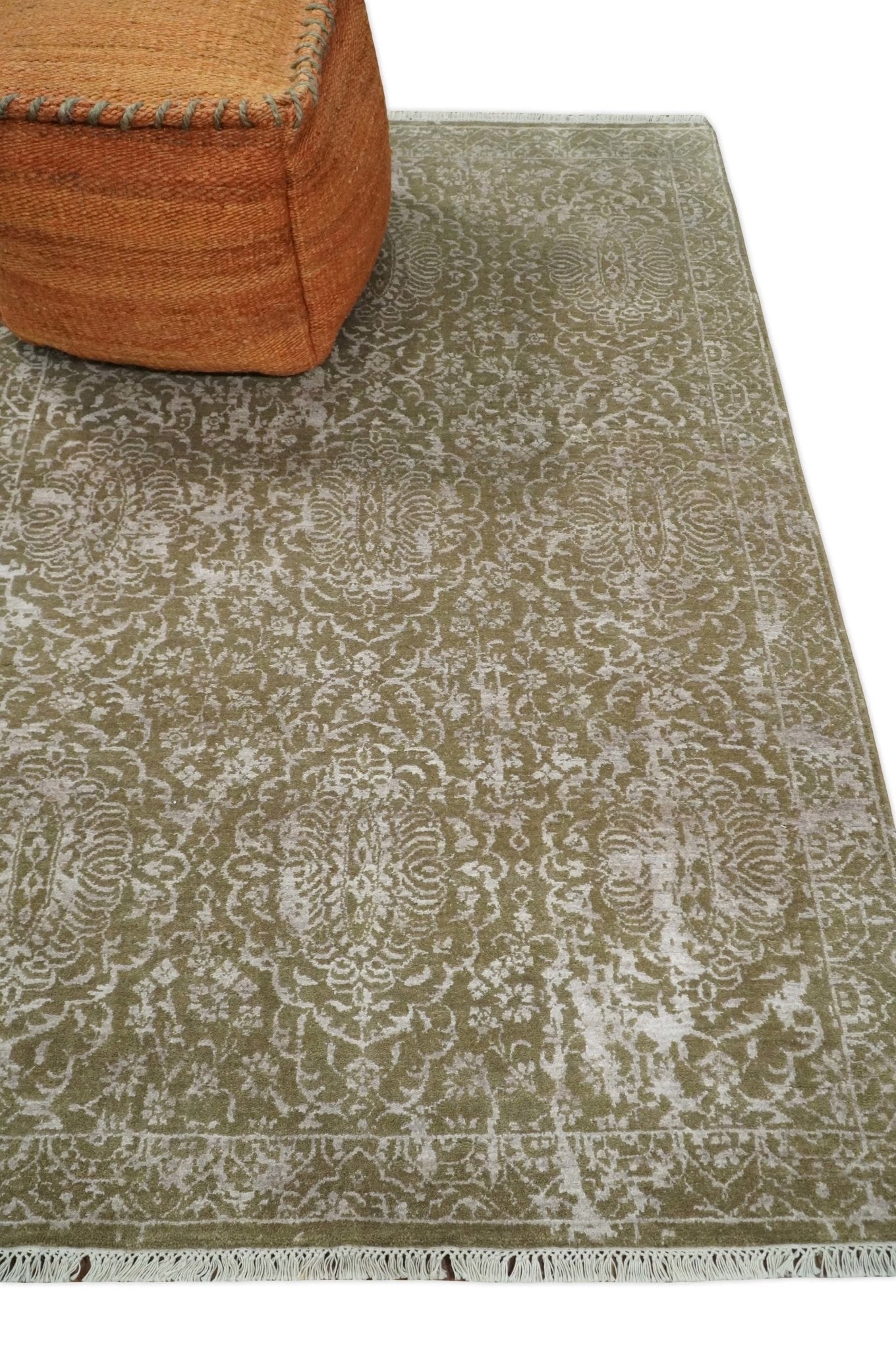 4x6 Fine Hand Knotted Olive and Silver Traditional Vintage Persian Style Antique Wool and SIlk Rug | AGR16 - Tampa Home & Garden Store