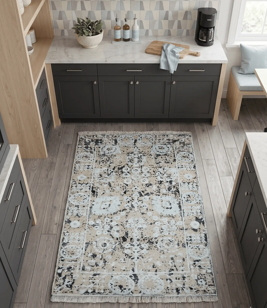 Fine Hand Knotted Rug Aqua Beige and Black, 4x6 Wool area rug in a modern kitchen on Tampa Home & Garden Store