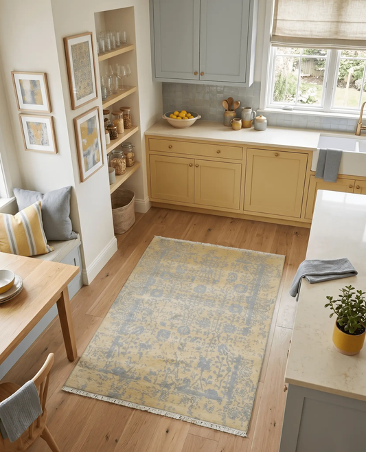 4x6 hand-knotted Persian rug in blue and cream tones in a bright kitchen on Tampa Home & Garden Store