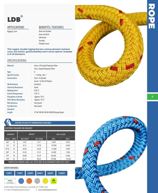 5/8 in Arbo Space LDB coated polyester double braid climbing rope in yellow with red flecks on Tampa Home & Garden Store