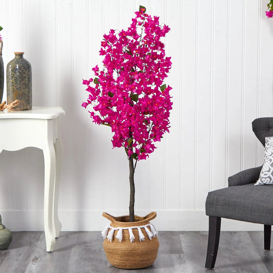 5’ Artificial Bougainvillea Tree with Handmade Jute & Cotton Basket with Tassels - Tampa Home & Garden Store