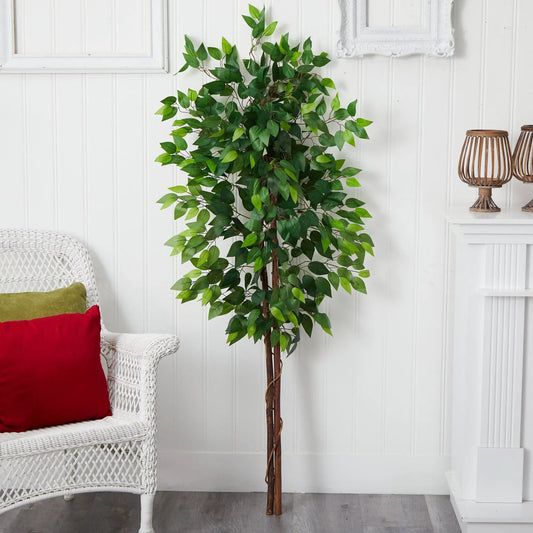Artificial Ficus Tree with Double Trunk No Pot by Nearly Natural, green leafy indoor decor on Tampa Home & Garden Store
