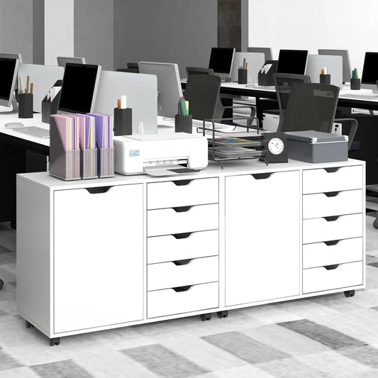 5-drawer dresser chest and mobile storage cabinet in white with casters, printer, and desk organizers on top on Tampa Home & Garden Store
